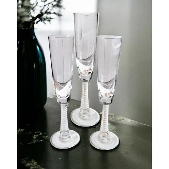 3 Antique Crystal Champagne Flutes With Ringed Beehive Flare Stems. Very Unique - Picture 5 of 7